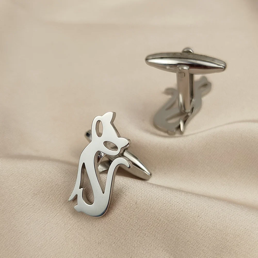 18k Gold Plated Cute Kitten Cufflinks for Men Gold Silver Stainless Steel Suit Cuff Cufflinks Father's Day Best Gift