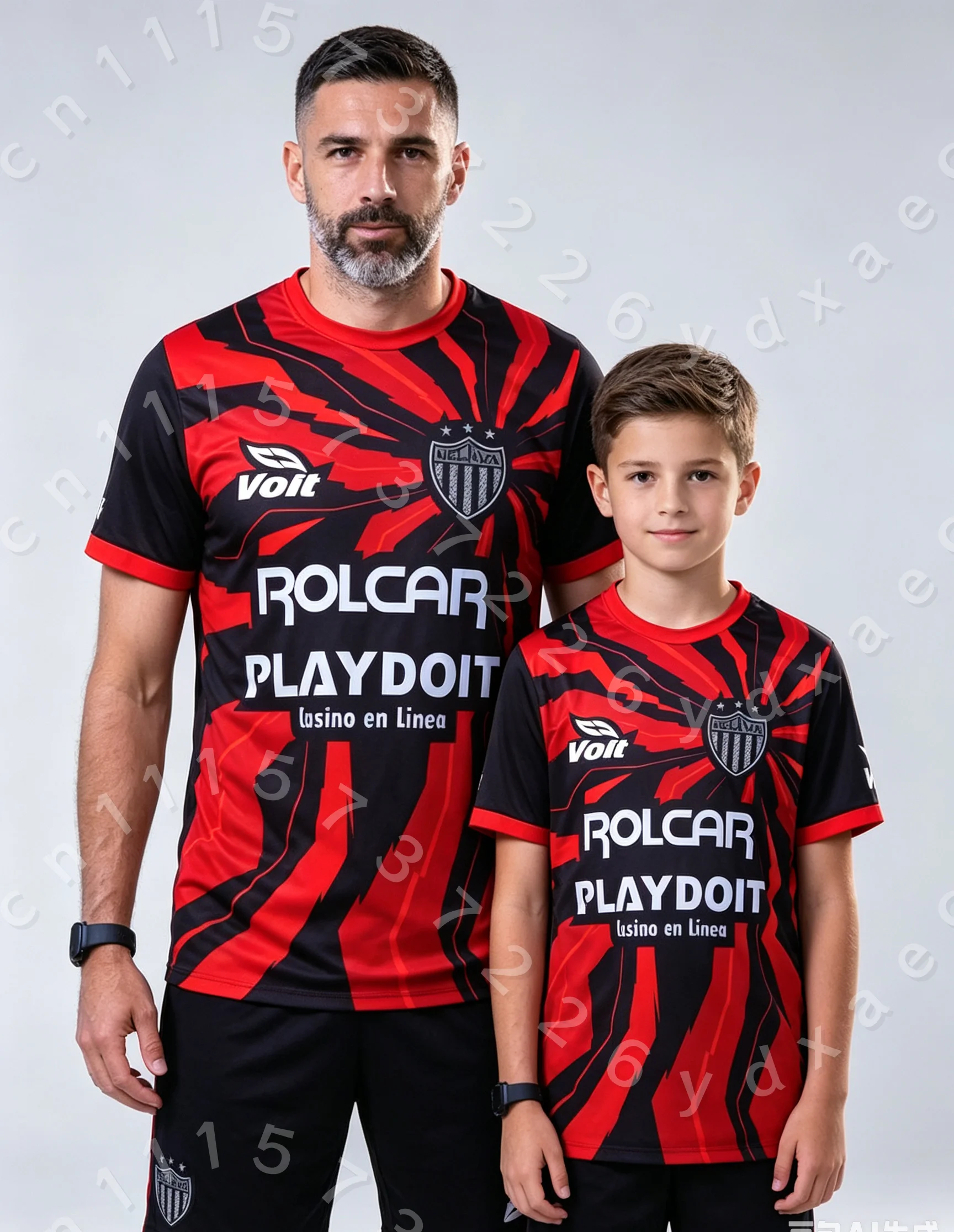 Family Matching Mexico Club Style Football Top Red Black Stripe Pattern Emblem Casual Daily Wear Short Sleeve Sports Jersey