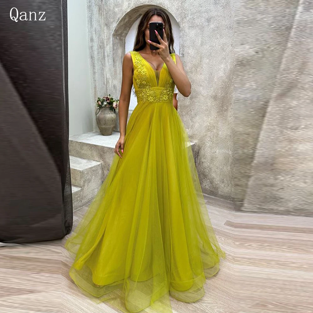 

Qanz A-line Tulle Evening Dresses V-neck Lace Appliques Crystals Vestidos De Noche Party Dresses For Women Gala Robes De Soirée