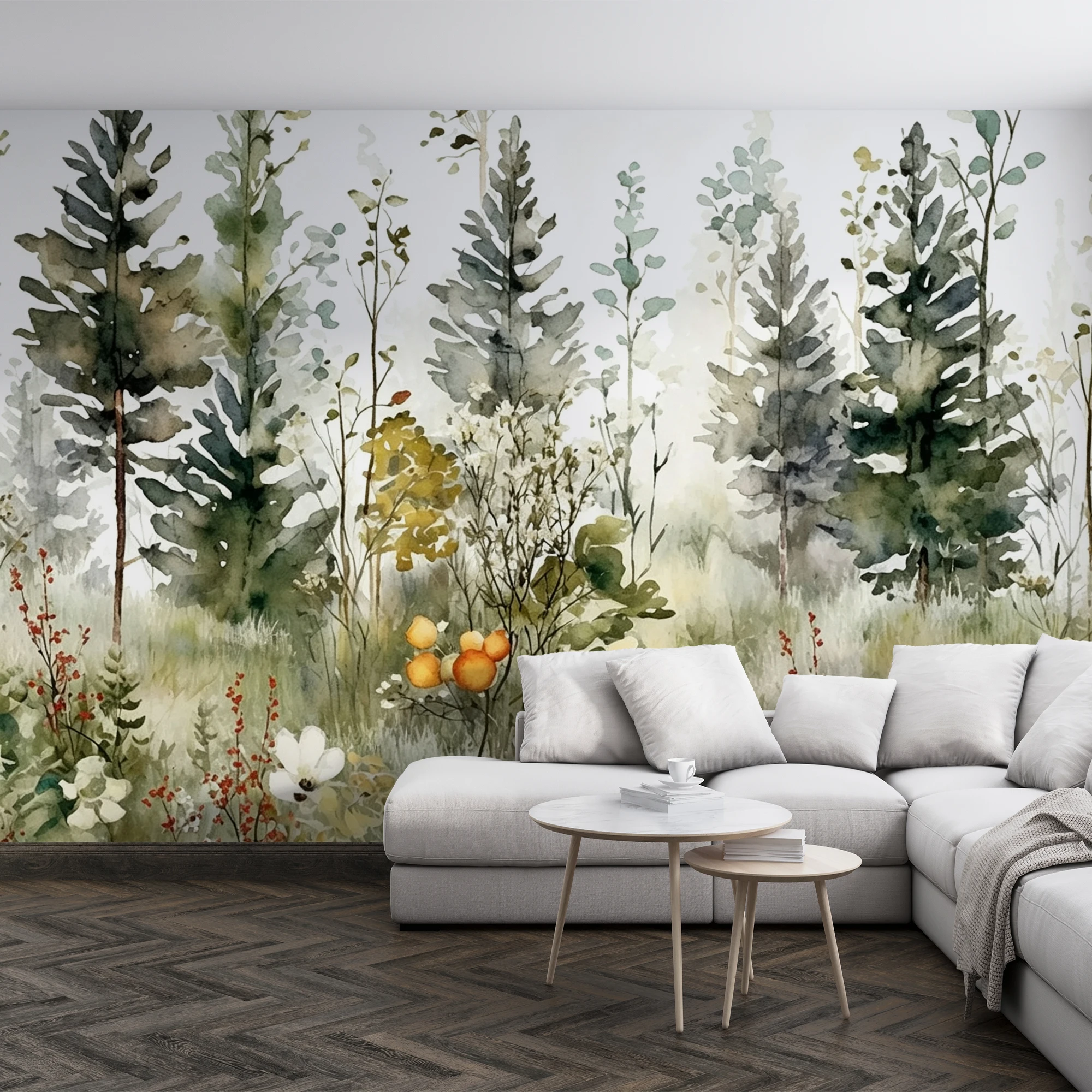 Watercolor Forest Floral Wallpaper, Green Pine Tree Wild Flower Wall Mural, Living Room Home Decor
