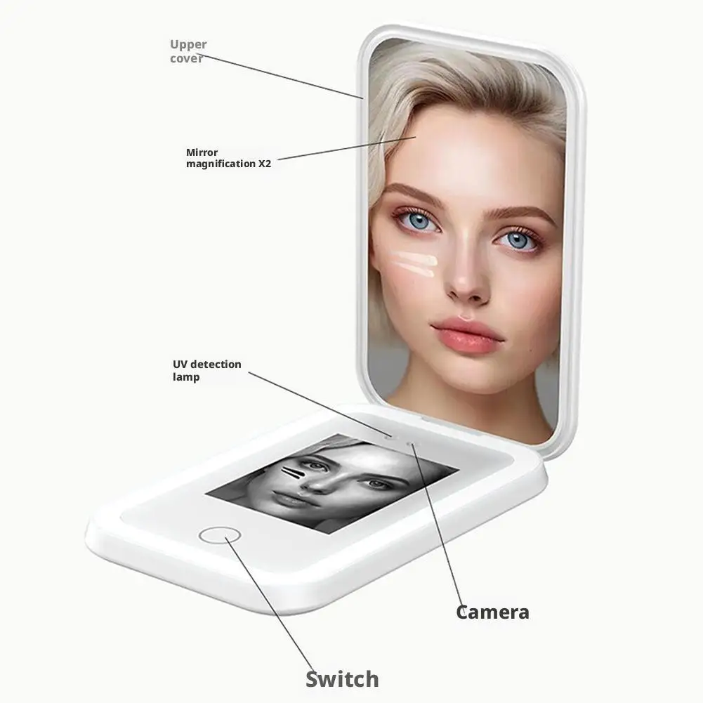 กระจกทดสอบครีมกันแดด UV Smart พร้อมกล้อง HD และไฟเสริม กระจกพกพาขยาย 2 เท่าสำหรับทดสอบครีมกันแดด