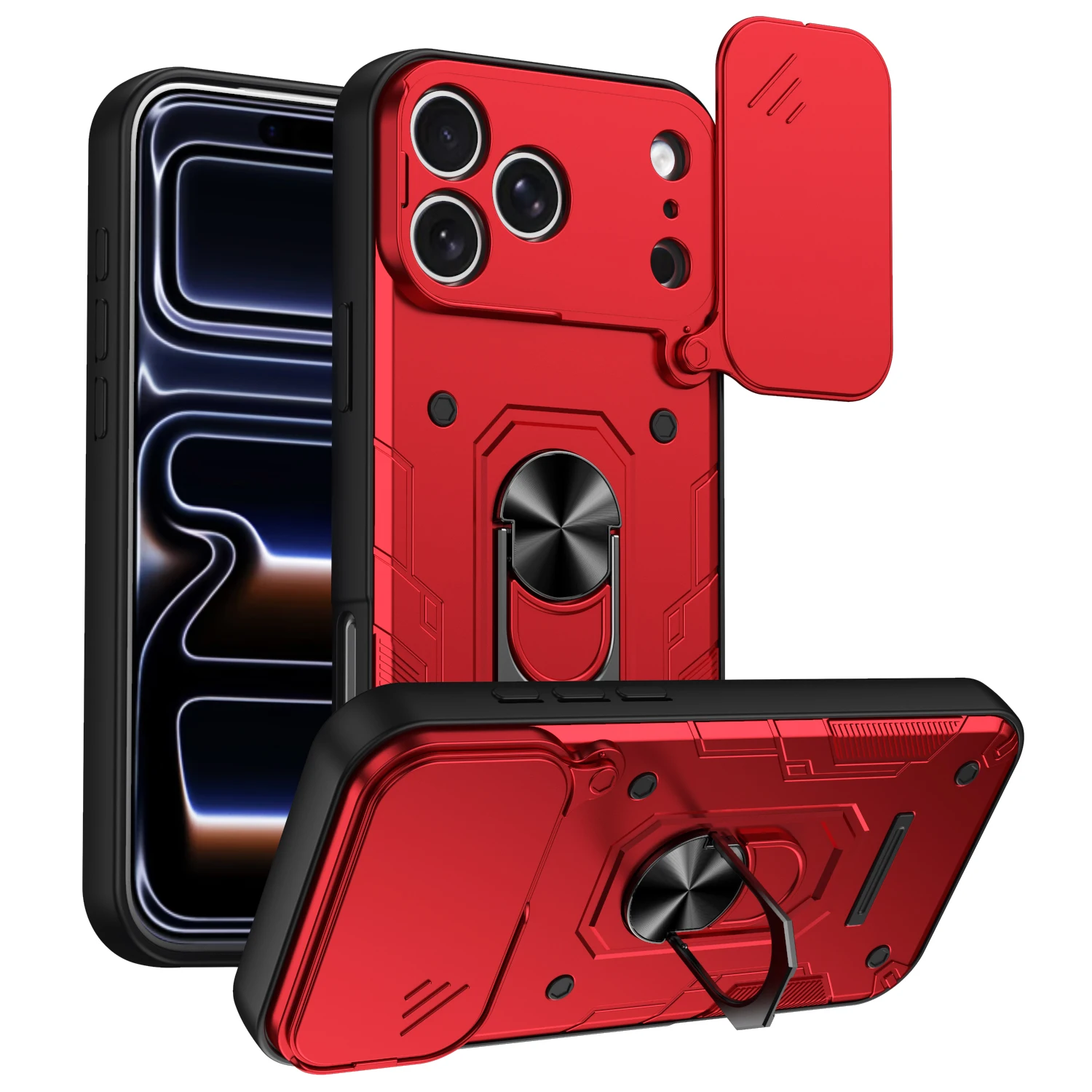 Nanshan Armor Stoßfeste Hülle für iPhone 18 Pro Max 18Pro mit Schiebe-Kameraschutz, Metallring-Ständer und TPU-Kunststoff-Rückseite