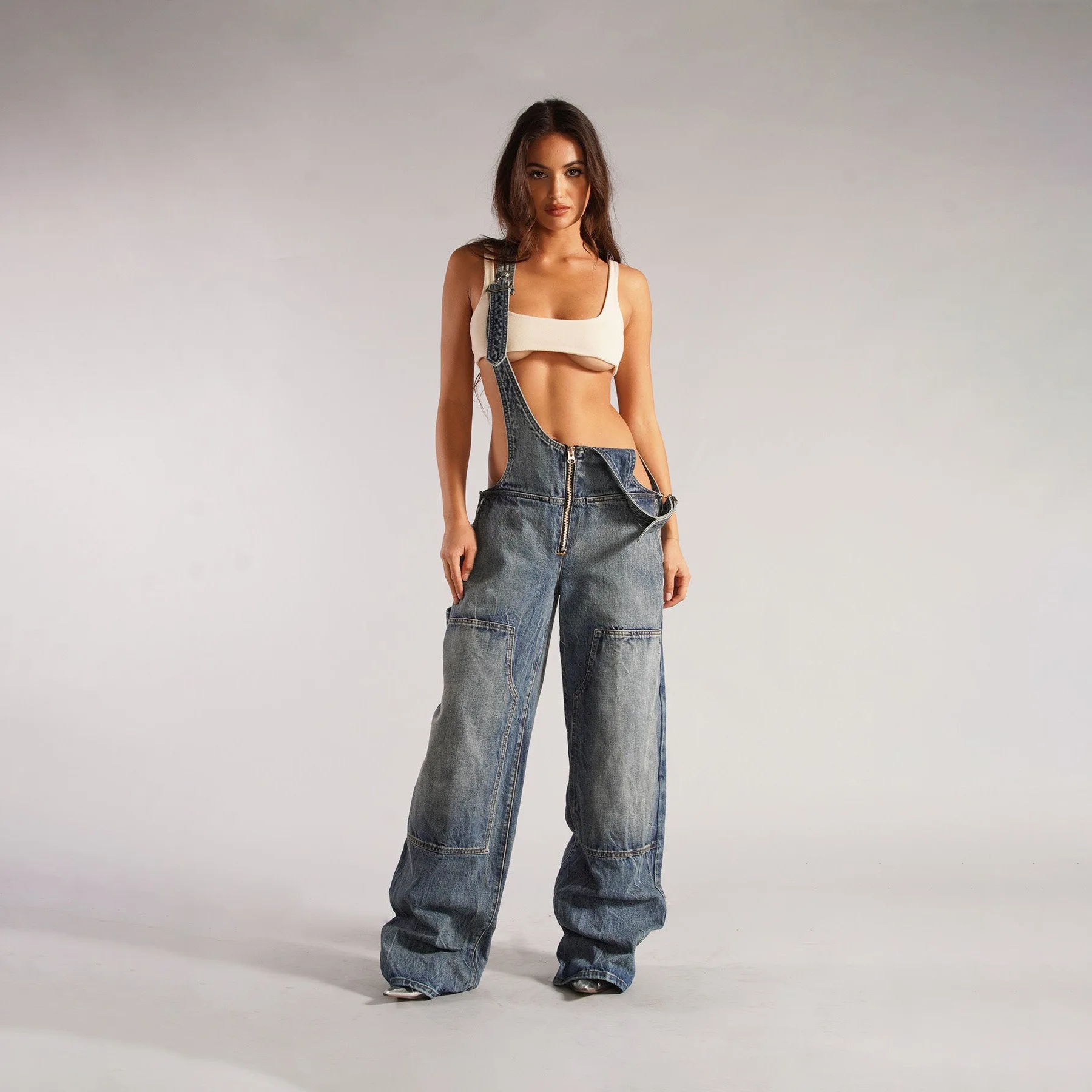 

Sexy Jumpsuit Women's Zipper Jeans New Retro Bib Pants Loose Denim Overalls Female Casual Fashion Large Size Wide-leg Overalls