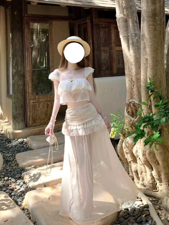 Summer New Pure Desire Spicy Girl Design Short Lace Top High Waist Pleated Half Skirt Women's Fashion Set High Quality Cotton
