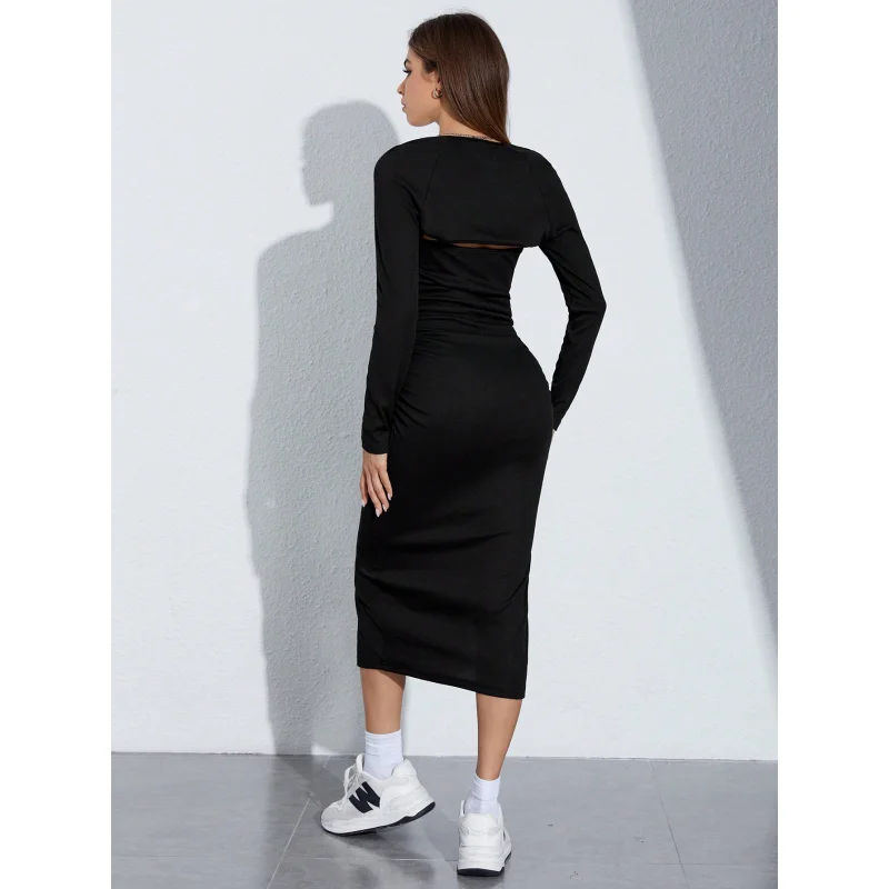 YQ1-فستان نسائي للخريف والشتاء بفتحة ضيقة ميدي مثير بدون حمالات وأكمام طويلة مكون من قطعتين #2