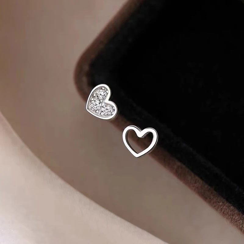 Silver Color Zircon Hollow Heart Mini Stud Earrings For Women Trendy Fine Jewelry Small Niche Luxury Accessories