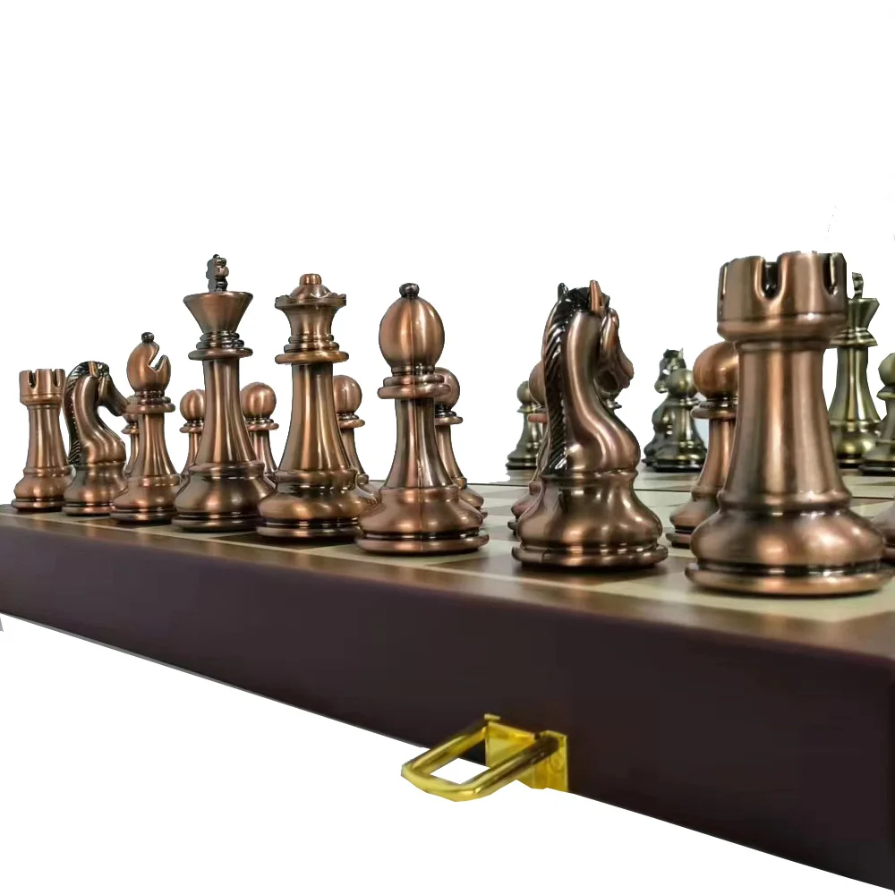 Wooden Chess Board Games for Children, Bronze Metal Pieces Set, Folding Family Board, High Grade, Luxury Checkerboard