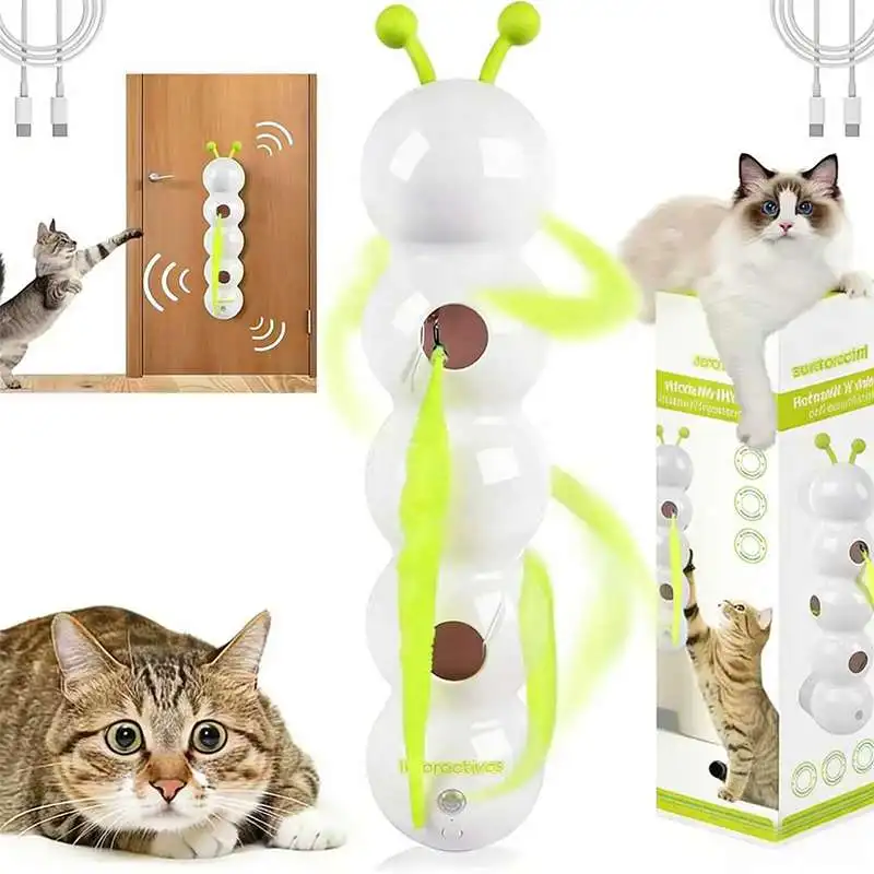 Interactive Caterpillars Toy for Cat Intelligent Sensing SuctionCup Motion Activated Rechargeable Automatic Teasing with Tail