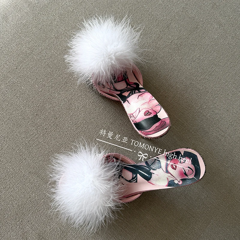 Shiny Crystal Rhinestone Open Toe High Heel Slipper White Feather Sexy Women Printed Available Big Plus Size Brand On Sale