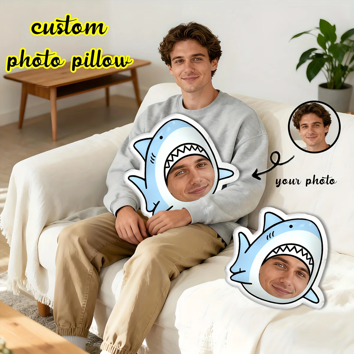A Custom-Themed Photo Pillow Where You Can Upload Your Own Picture, Featuring a Shark. Perfect for Father'S Day, Mother'S Day, H
