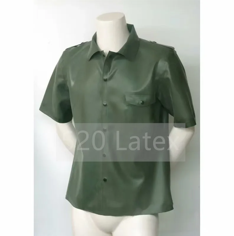 

Handmade Army Green Men's Latex Collared Short Sleeves T-Shirt With Breast Pocket Rubber Male Polo Shirt Halloween Club Outfit