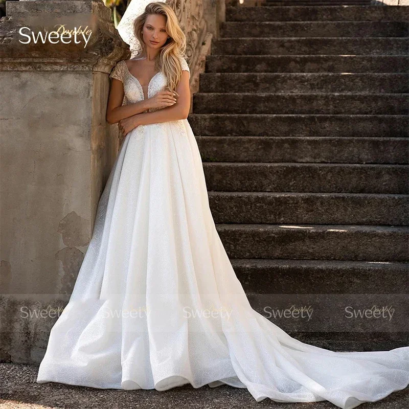

Elegant Wedding Dresses Organza With Embroidery Lace A-Line Floor Length Ball Gown Sleeveless V-Neck Bridal Gowns Backless Zippe