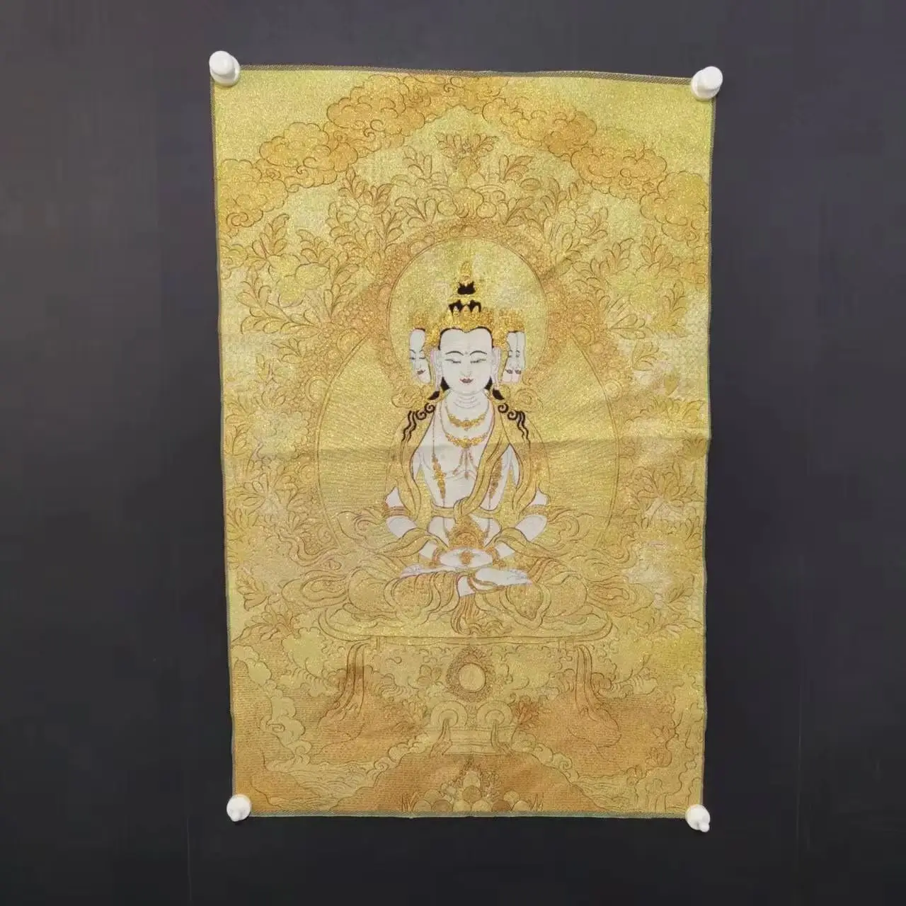 

35"Thangka Embroidery Tibetan Buddhism Silk Embroidery Brocade Nepal Parinirvana Sitting Buddha Thangka hanging panel