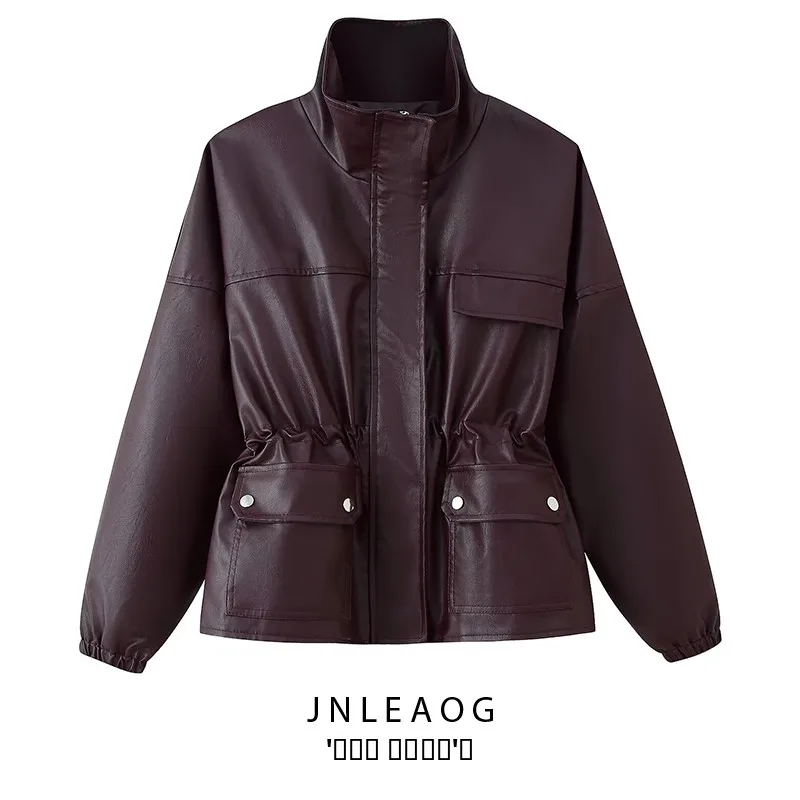 Faionable ort Leather Jaet المرأة الخريف جديد Sle الخصر مقصوص الوقوف طوق كيت كل مباراة ملابس خارجية