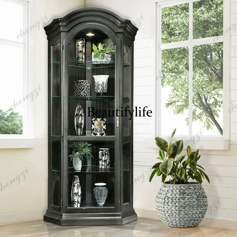 Asmt114French solid wood retro wine cabinet, living room corner glass cabinet, American small apartment model room storage and d