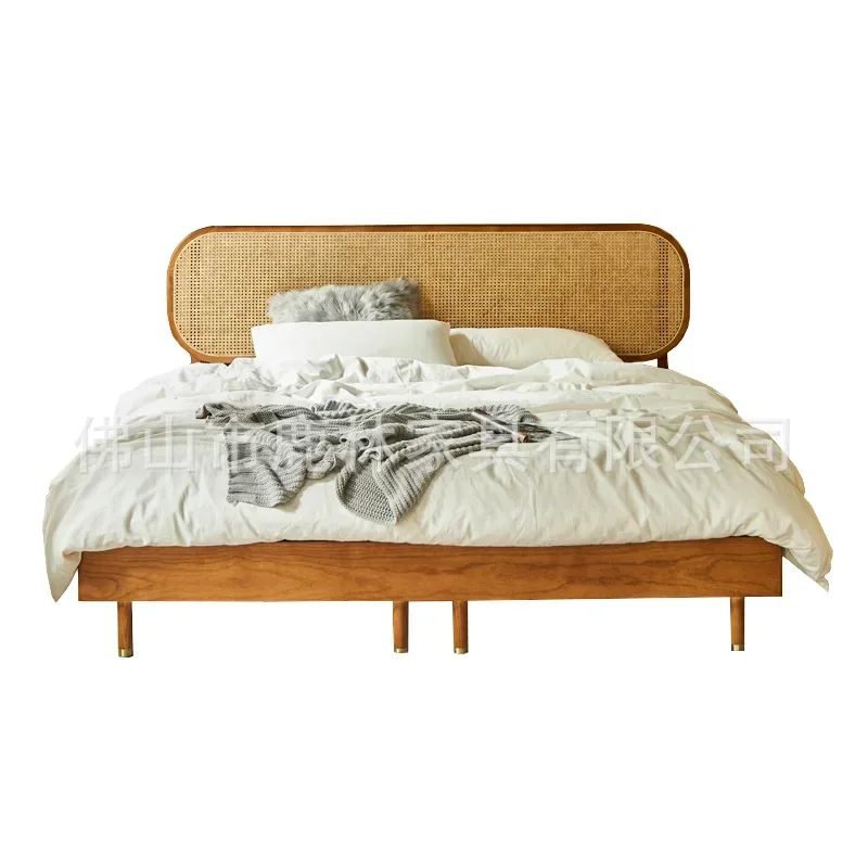 Nordic Natural Rattan Double Bed Homestay Modern Simple Rattan Bed Creative Home Bedroom Solid Wood Bed 1.8 meters