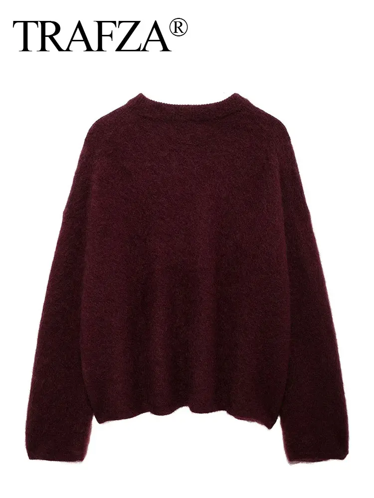 TRAFZA Women Vintage Wine Red Sweater O Neck Long Sleeve Knitted Pullover Top 2024 Fashion Autumn Female Casual Loose Sweatshirt