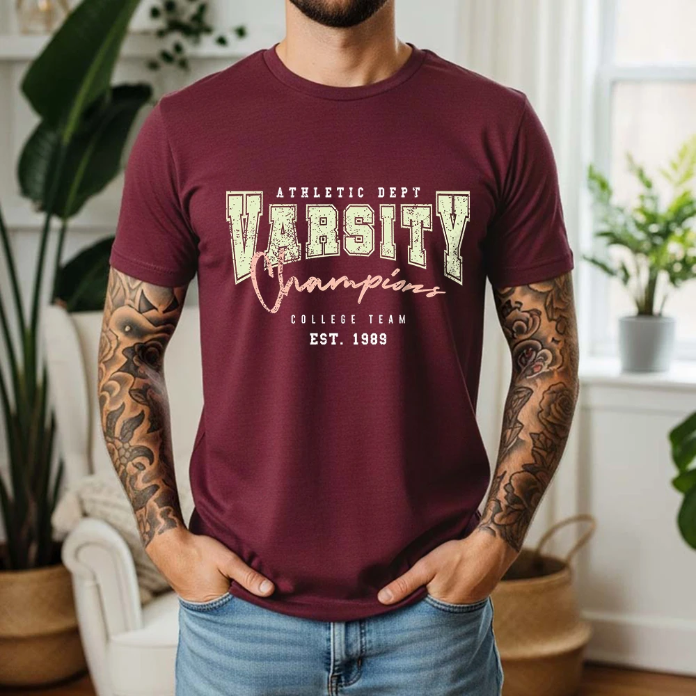 New Summer Men's 100% Cotton Short Sleeve T Shirt Retro Varsity Champions Slogan Print Breathable Vintage Casual Daily Tees