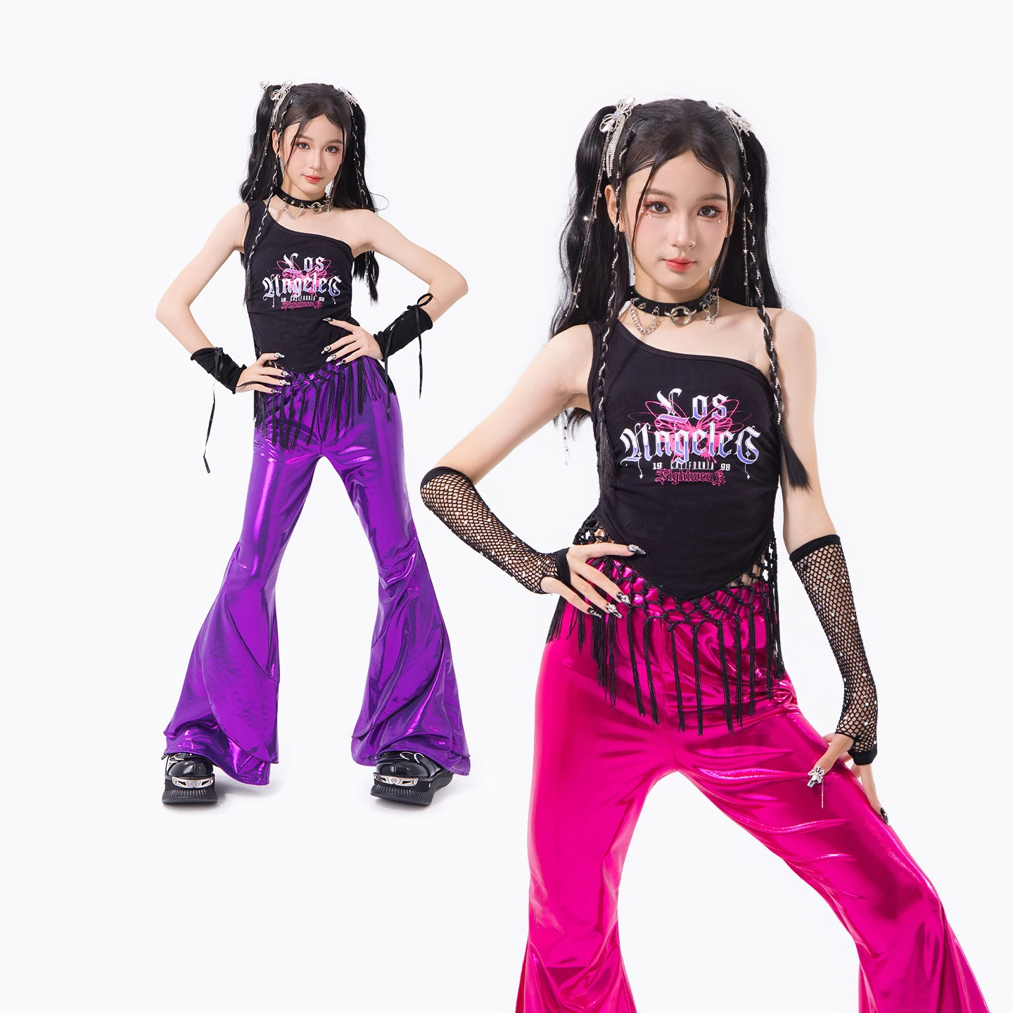 Kids Hip Hop Clothing Black Vest Elastic Glossy Flared Pants Kpop Outfits Jazz Dance Costumes For Girls Show Streetwear DQS23419