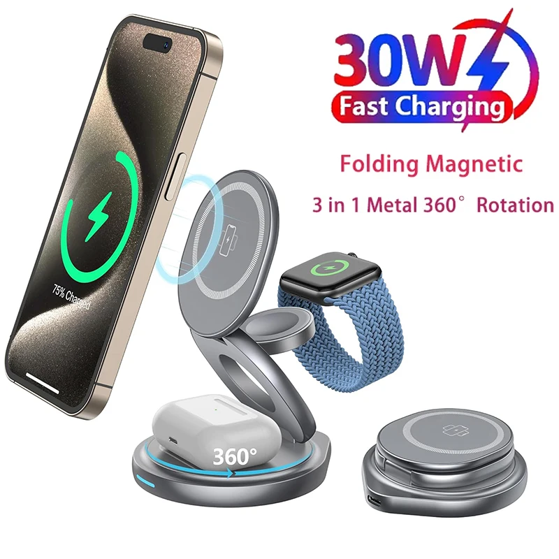 Foldable 30W Magnetic Wireless Charger Stand For iPhone15 14 13 12 Pro Max Apple Watch Airprods Pro 3 in 1 Fast Charging Station