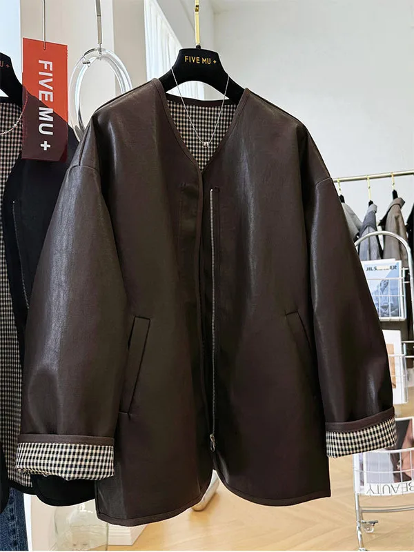 

Свободная повседневная куртка из искусственной кожи для мужчин и женщин, большие размеры, 300 Pou, винтажный корейский стиль, осенне-зимняя верхняя одежда