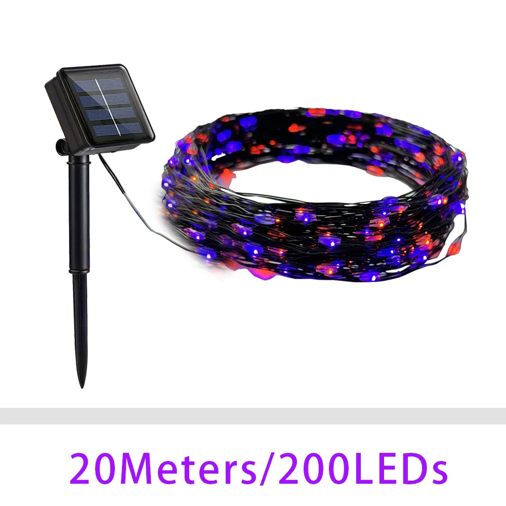 Solar Power Halloween String Lights, Laranja e Roxo, Fairy Lights, Jardim ao ar livre, Balcony Party, 200 LEDs