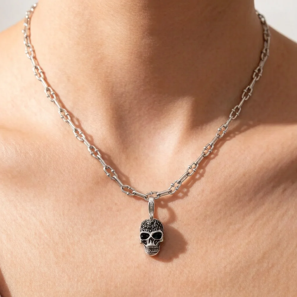 Skull Pave Charm Necklace,2020 Summer Brand New Fashion Jewelry Europe 925 Sterling Silver Bijoux Rebel Steel Gift For Women Men