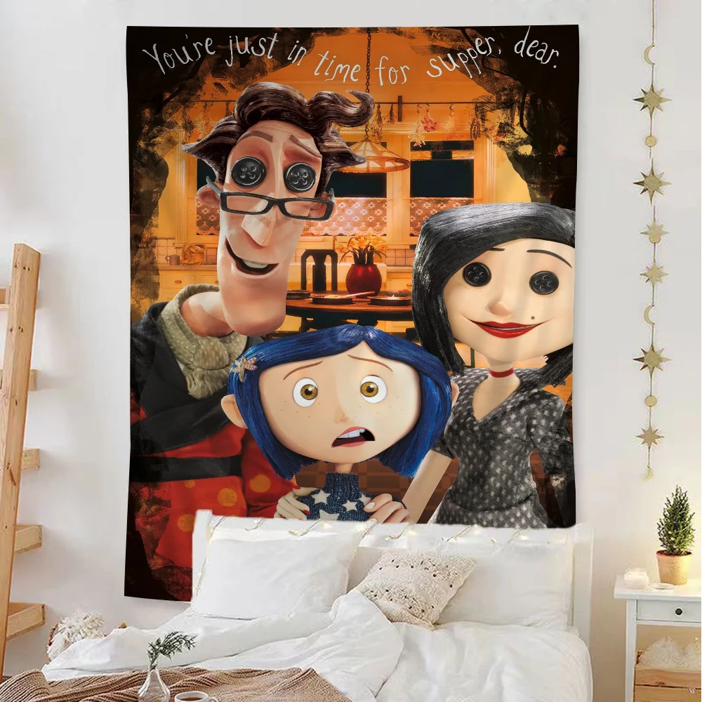 Classic anime Movie Coraline Tapestry Art Printing Japanese Wall Tapestry Anime Wall Hanging Home Decor