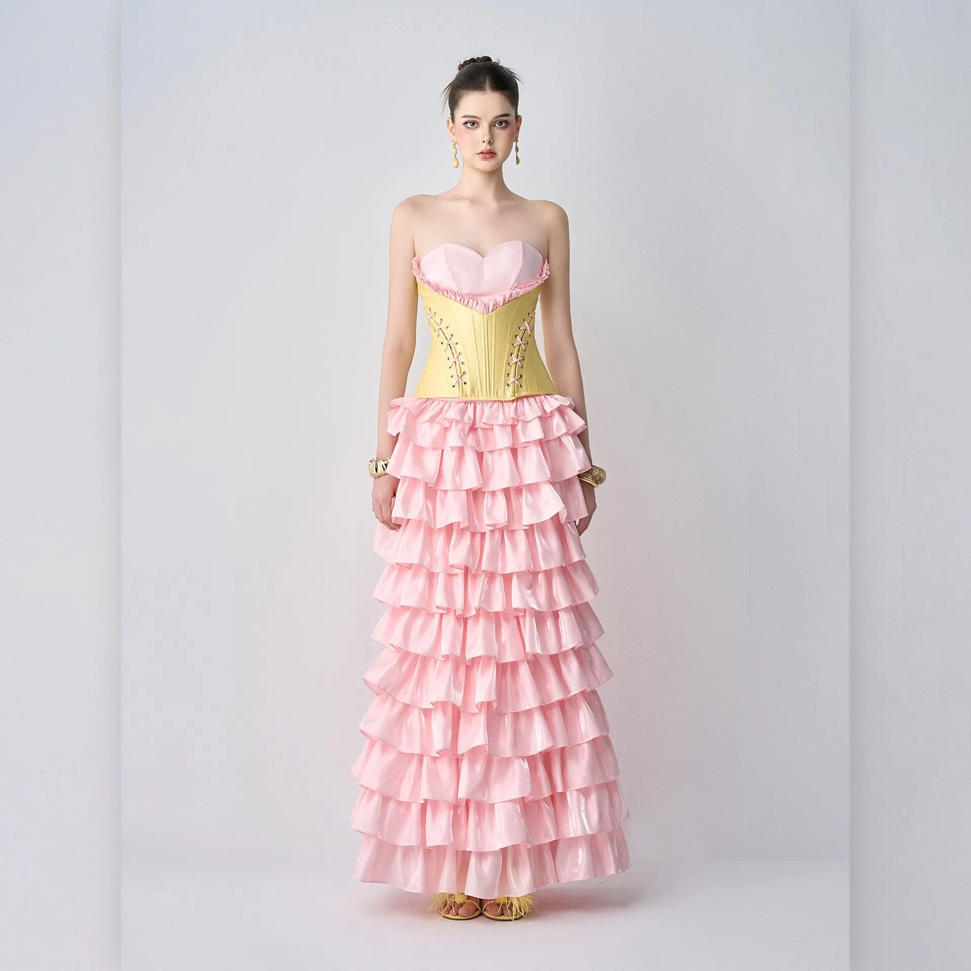 تنورة كعكة متدرجة باللون الوردي - تنانير عالية الخصر على شكل حرف A، تنانير صيفية مكشكشة ذات طبقات، ملابس سهرة أنيقة، تنورة نسائية طويلة بطيات #1