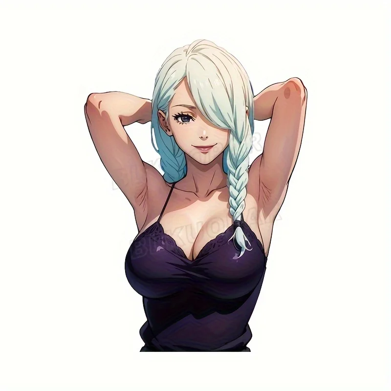 Waterproof Sunproof Anime Decal, 2D Flat White Hair Girl Purple Swimsuit Sticker for Motorcycle Helmet, Truck Bumper and Trunk