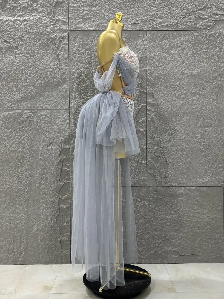 Conjunto de dos piezas de falda superior de malla con espalda descubierta, traje de actuación para Festival, fiesta de noche de cumpleaños de lujo, glamuroso y Sexy