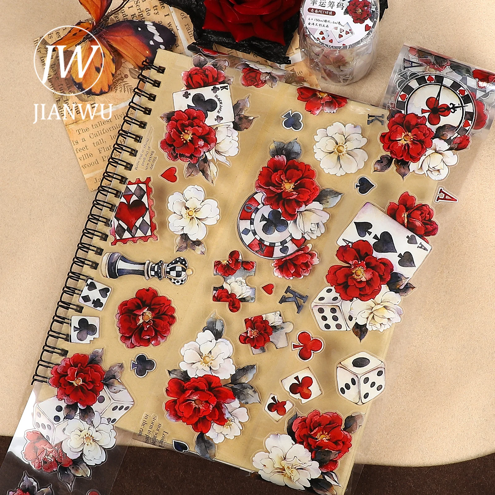

JIANWU 60mm*6m Vintage Lucky Chip Flower Cards Landscape Material Collage Scrapbooking PET Tape Creative DIY Journal Stationery