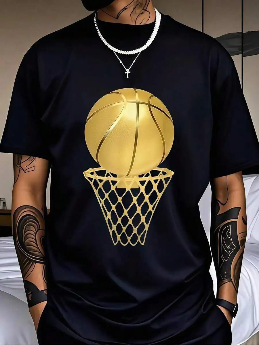 1 Pc Men's Clothing Basketball Net Printed Black Tshirt, Graphic Tee, Summer Tops, Shirt, Unisex Casual Crew Neck Tshirt, Plus Size Men's 5XL,