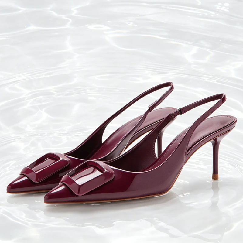 

Burgundy Patent Leather Slingback Pumps Women Unique Square Buckle Detail Pointed-Toe Heel Sandals Elegant Stiletto Office Shoes