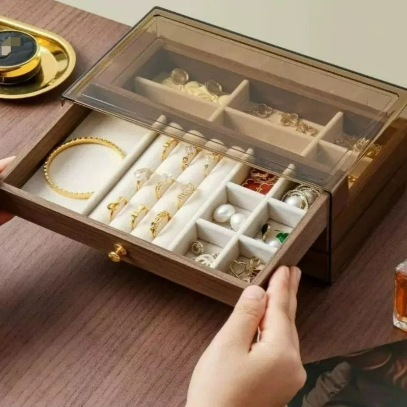 

Three-layer Drawer Jewelry Storage Box Walnut Pattern Large Capacity Earrings Box Jewelry Earrings Necklace Bracelet Organizer