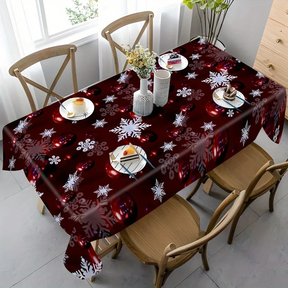 Christmas Snowflake Bauble Rectangle Table Cloth Reusable Tablecloth for Home Dining Decor Holiday Christmas Table Decoration