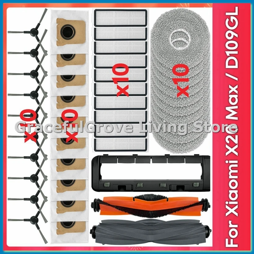 

For Robot Vacuum X20 Max / D109GL Main Brush Side Brush Hepa Filter Mop Cloth Dust Bags Accessories Parts-A13G