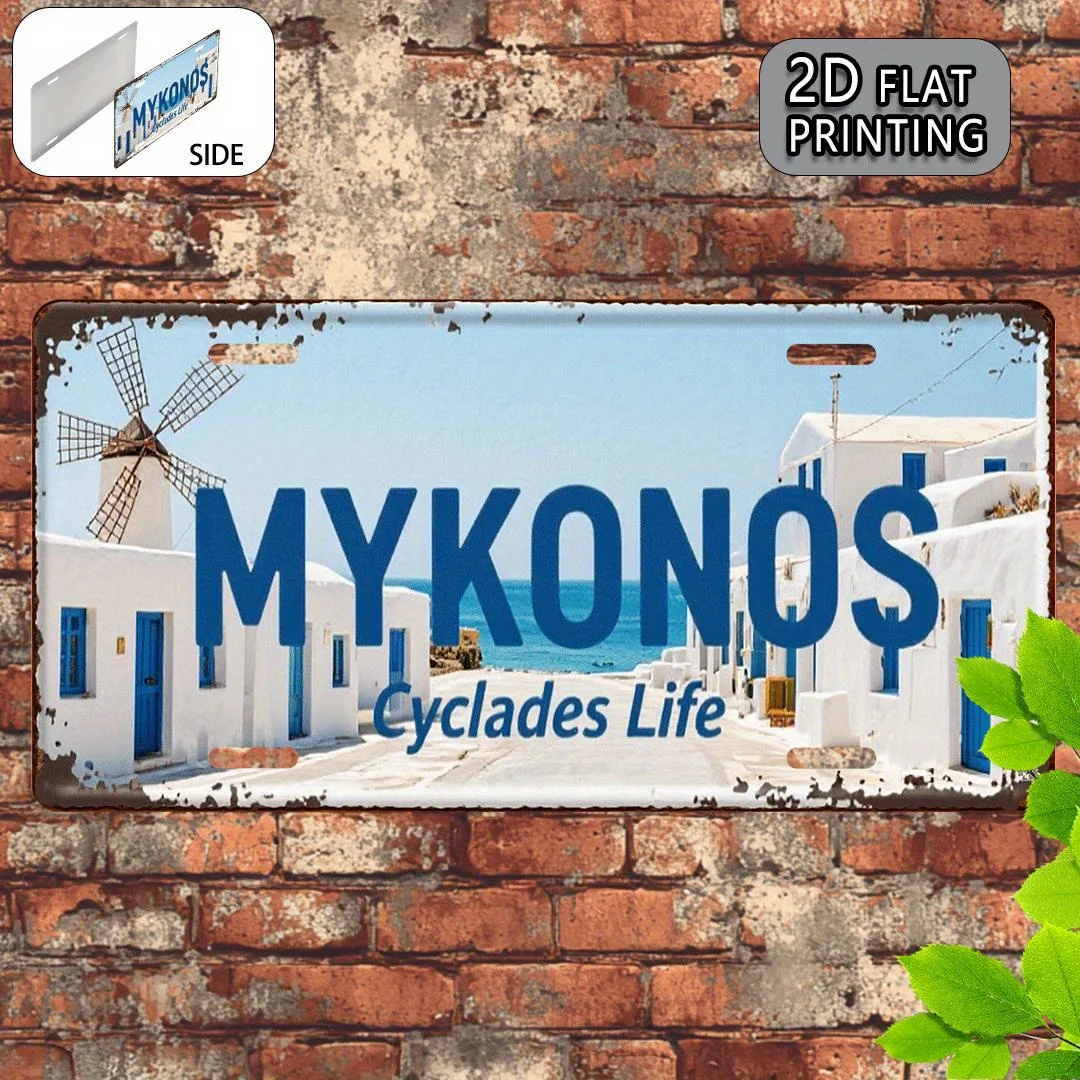 Letrero Metálico de Estilo Placa de Matrícula con Impresión Plana 2D de Mykonos, Grecia, con Molino de Viento y Casas Blanqueadas, Diseño 'Cyclades Life', Isla Griega