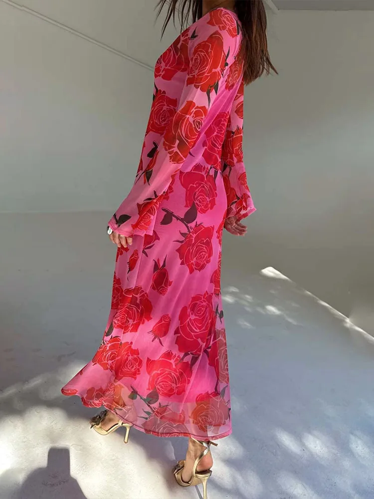 Apprabant Sheer Mesh Flowers Printed Dress Women's O-Neck Flare Sleeve Fashion Loose Casual Elegant Slim Long Dress Streetwear