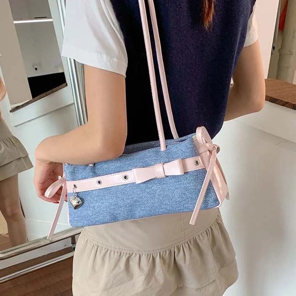 Doce francês vara bolsa fita contraste cor arco pu bolsa de ombro estilo coreano grande capacidade denim axilas sacos viagem