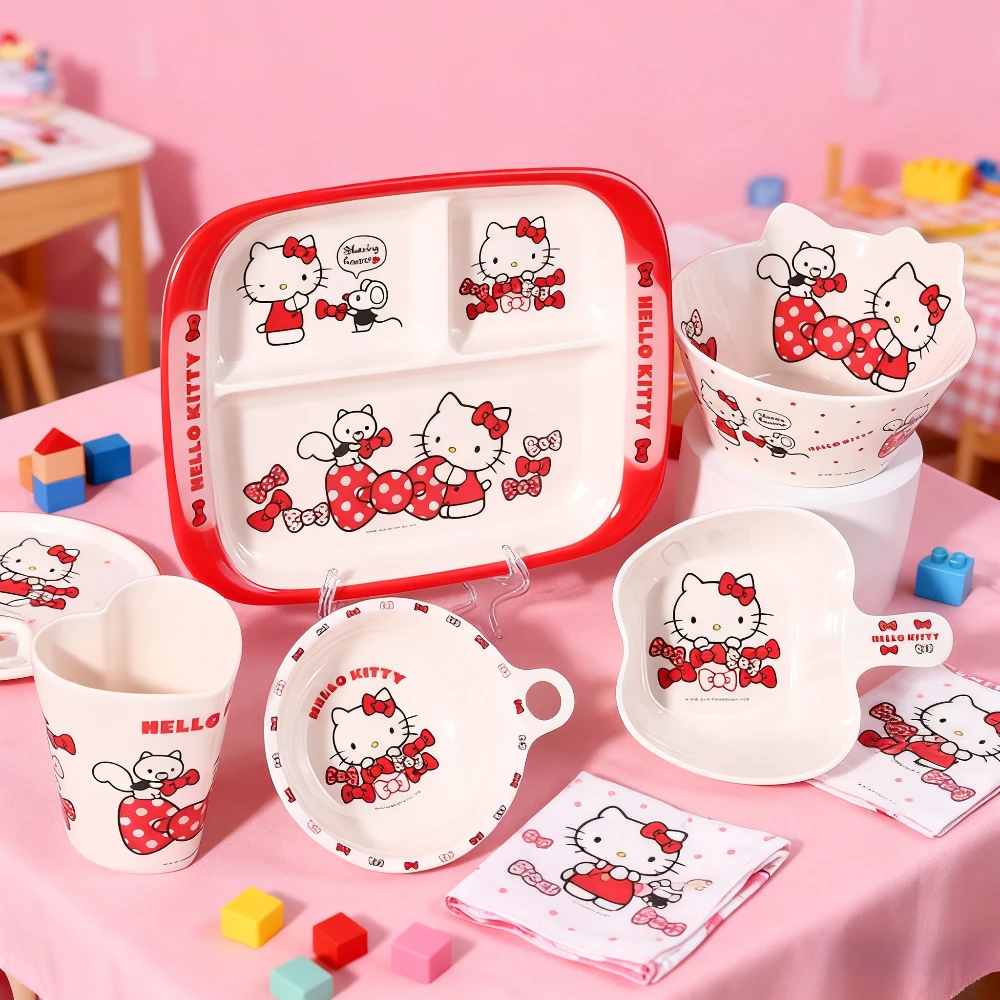 Sanrio Hello Kitty Plate Anime Student Baby Bowl Thickening Anti Scald Drop Resistant Cartoon Bowl Straw Insertable Water Cup