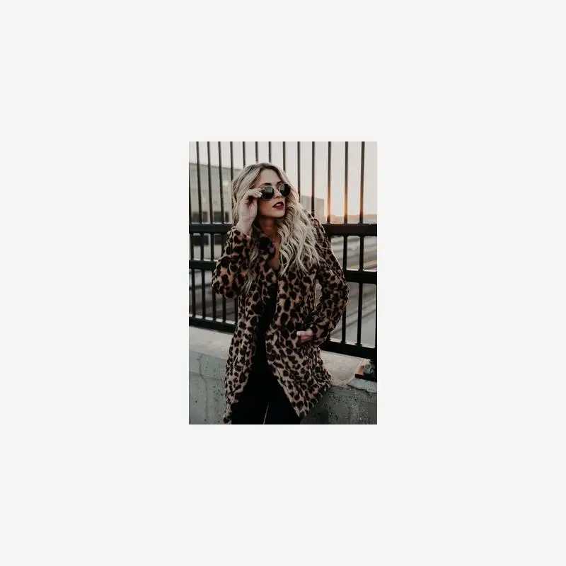 Trendy Winter Women's Coat Fashionable All-Match Collarless Leopard Print Faux Fur Long Jacket Street Style Medium-Length