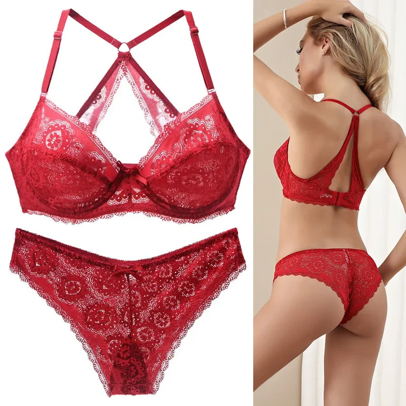 Large Size Sexy Bra Set Women Lace Big Breast Push Up Seamless Ultra-Thin Underwear Breathable Beauty Back Femme Lingerie Sets