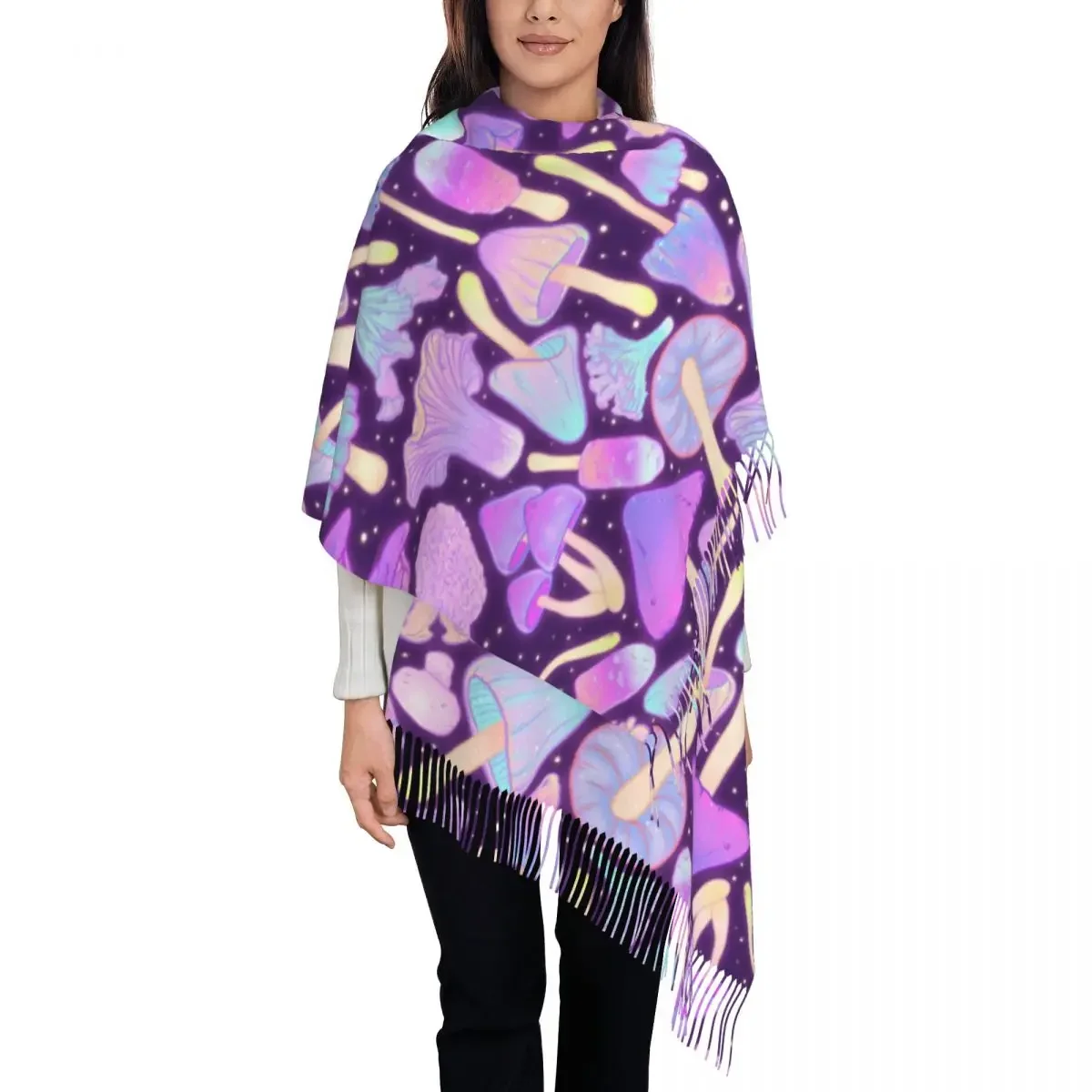 Psychedelic Mushroom Scarf for Womens Winter Warm Cashmere Shawls and Wrap Long Scarves with Tassel for Daily Wear