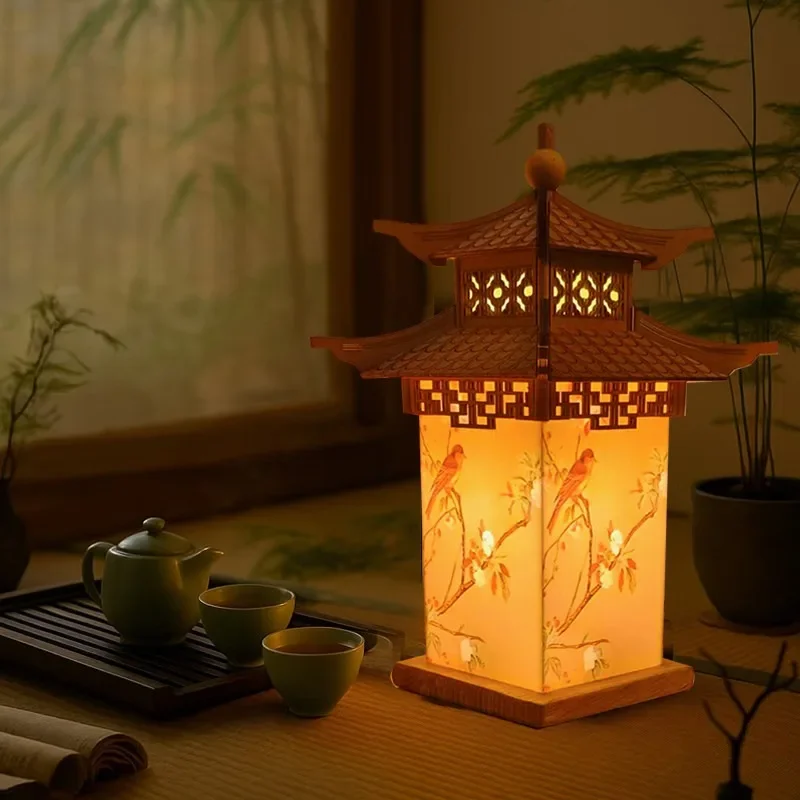 New Chinese desk lamp personalized retro zen tea room living room study bedroom bedside bed and breakfast wood art decoration ho