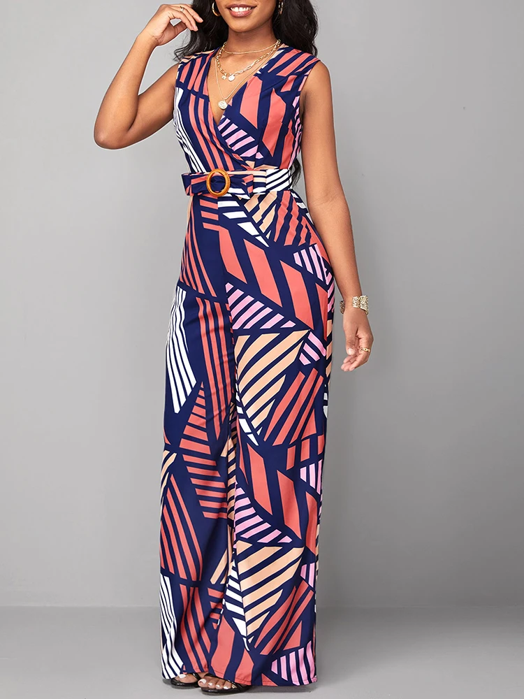 2023 New Summer Geometric Printed Sleeveless V-neck Jumpsuit of One Fashion Casual Pieces for Women Elegant Female