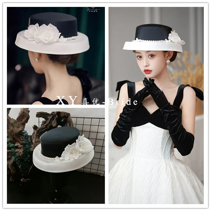 Classic White Black Formal Hat Headdress ElegantPhoto Shooting pearls Fascinator Hat Church Wedding Hat Women Fedoras Headdress