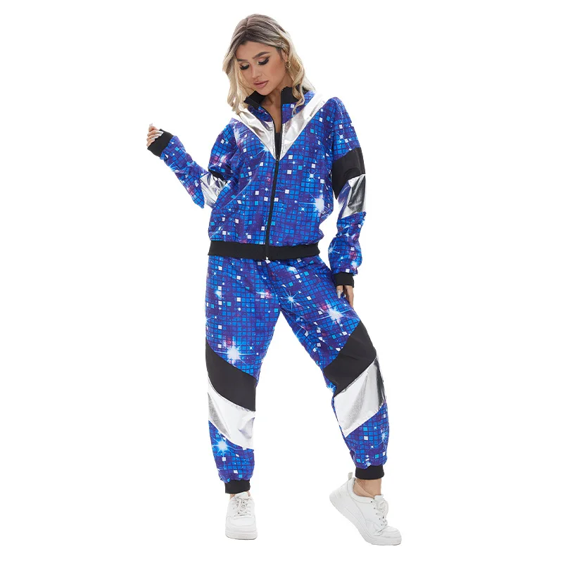Conjunto Deportivo Retro de los 80 para Mujer, Chaqueta y Pantalones con Lentejuelas Azules Brillantes, Estilo Hip Hop de los 90, Disfraz de Halloween