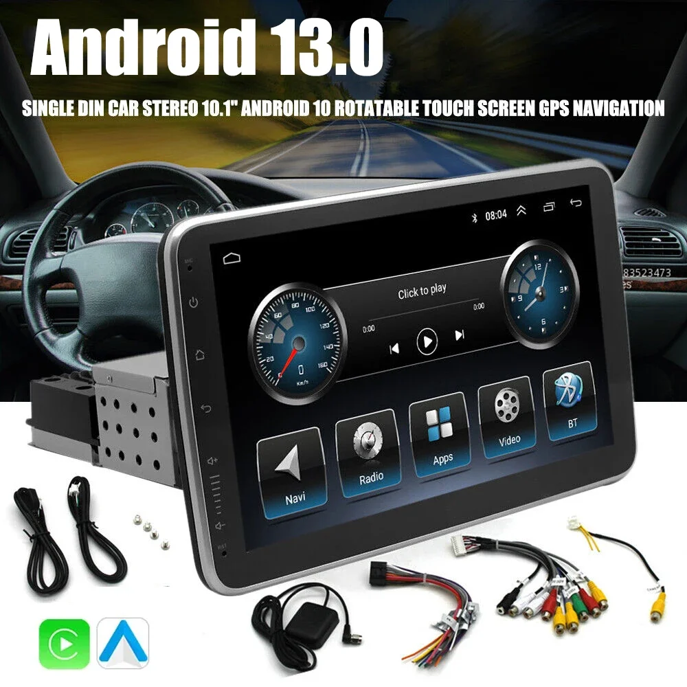 Universal 360°Rotation Android 13 Car 1 Din Radio 10 inch GPS BT Video Multimedia Android auto Player Carplay 8G+128GB