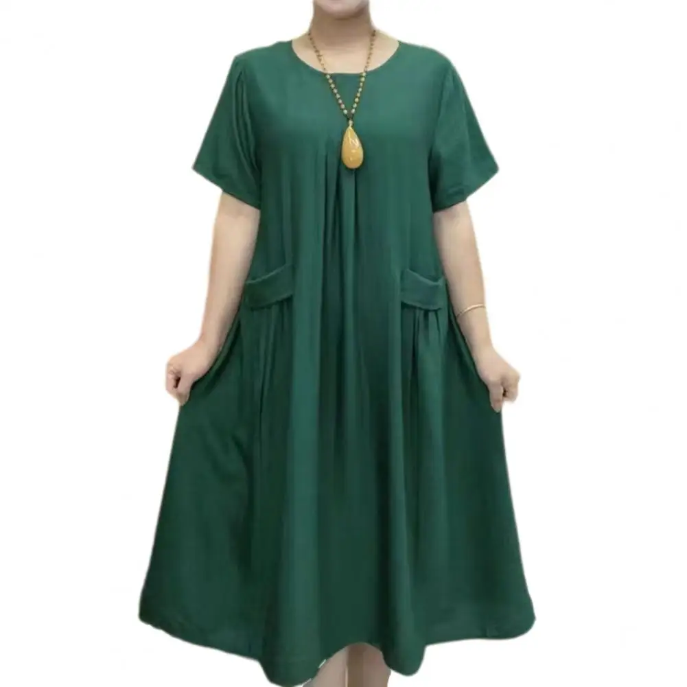 

Loose Fit Dress Elegant Women's Summer Midi Dress with O-neck Short Sleeves Featuring Pockets A-line Design for Work for Holiday